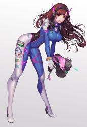 Rule 34 | 1girl, absurdres, animal print, armor, bodysuit, boots, breasts, brown eyes, brown hair, clothes writing, covered navel, d.va (overwatch), eyebrows, eyelashes, facial mark, finger on trigger, firing, floating hair, full body, gloves, gun, handgun, hayanpool, headphones, highres, holding, holding gun, holding weapon, large breasts, leaning forward, legs apart, lens flare, long hair, long sleeves, looking at viewer, motion blur, overwatch, overwatch 1, parted lips, pauldrons, pilot suit, rabbit print, red lips, shoulder armor, skin tight, solo, standing, swept bangs, thigh strap, v arms, weapon, whisker markings, white footwear, white gloves, white legwear