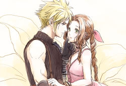 Rule 34 | 1boy, 1girl, aerith gainsborough, ancotsubu, armor, blonde hair, braid, braided ponytail, brown hair, choker, cloud strife, couple, dress, final fantasy, final fantasy vii, final fantasy vii remake, floral background, flower, green eyes, hair ribbon, hand on another&#039;s chin, holding another&#039;s arm, jacket, unworn jacket, parted bangs, pink dress, ribbon, shoulder armor, sidelocks, sleeveless, sleeveless turtleneck, spiked hair, suspenders, turtleneck, upper body, wavy hair, yellow flower