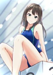 Rule 34 | absurdres, bare legs, blue one-piece swimsuit, brown hair, competition swimsuit, cyde, highres, idolmaster, idolmaster cinderella girls, indoors, long hair, looking at viewer, one-piece swimsuit, poolside, shibuya rin, sitting, solo, starting block, swimsuit