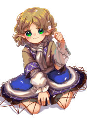 Rule 34 | 1girl, absurdres, arm warmers, black skirt, blonde hair, blush, brown shirt, closed mouth, green eyes, highres, looking at viewer, matsukuzu, mizuhashi parsee, pointy ears, shirt, short hair, simple background, sitting, skirt, solo, touhou, wariza, white background