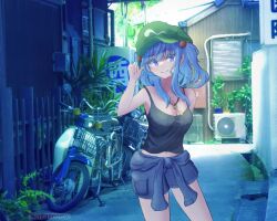 Rule 34 | 1girl, air conditioner, bare arms, bare shoulders, blue eyes, blue hair, blue shorts, blunt bangs, breasts, building, cleavage, closed mouth, contrapposto, cowboy shot, day, fingernails, hair bobbles, hair ornament, hand up, highres, house, kawashiro nitori, key, kiritanpo117, light blush, long hair, looking at viewer, medium breasts, midriff, motor vehicle, motorcycle, navel, outdoors, shorts, sidelocks, smile, solo, tank top, touhou, two side up