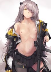 Rule 34 | 1girl, armband, black pantyhose, black skirt, blush, breasts, collarbone, cowboy shot, exoskeleton, girls&#039; frontline, grey hair, gun, h&amp;k ump, hair between eyes, hair ornament, hair over one eye, headgear, heckler &amp; koch, highres, hiroki ree, holding, holding gun, holding weapon, hood, hood down, hooded jacket, jacket, long hair, looking at viewer, mod3 (girls&#039; frontline), navel, nipples, off shoulder, one-eyed, one side up, open clothes, open jacket, open shirt, pantyhose, parted lips, pleated skirt, scar, scar across eye, scar on face, shirt, sidelocks, signature, skindentation, skirt, small breasts, smile, stomach, submachine gun, suppressor, thigh strap, toned, trigger discipline, ump45 (girls&#039; frontline), ump45 (mod3) (girls&#039; frontline), weapon, white shirt, yellow eyes