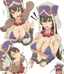 Rule 34 | !, !!, 1girl, artist request, bare shoulders, bead necklace, beads, bikini, bikini top only, blush, bound, breasts, brown hair, chain, cleavage, collarbone, cuffs, detached sleeves, disembodied limb, earrings, fate/grand order, fate (series), finger in another&#039;s mouth, full-face blush, hair between eyes, hat, heart, highres, hoop earrings, jewelry, large breasts, long hair, looking at viewer, multiple views, necklace, open mouth, pill, prayer beads, purple bikini, purple eyes, shackles, simple background, solo focus, swimsuit, thought bubble, tongue, tongue out, white background, xuangzang sanzang (fate)