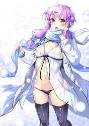 Rule 34 | 1girl, :o, ahoge, ajishio, alternate costume, babydoll, black panties, black ribbon, black thighhighs, blue scarf, blush, bow, bow panties, breasts, breath, casual, cleavage, coat, covered erect nipples, earmuffs, gradient background, hair ornament, hair scrunchie, hairclip, holding, long hair, long sleeves, looking at viewer, low twintails, navel, okhotsk yukari, open clothes, open coat, open mouth, panties, pom pom (clothes), purple eyes, purple hair, ribbon, scarf, scrunchie, see-through, sleeves past wrists, small breasts, snowing, solo, standing, stomach, striped clothes, striped panties, striped thighhighs, sweat, tareme, thighhighs, twintails, underwear, vertical-striped clothes, vertical-striped panties, vertical-striped thighhighs, vocaloid, voiceroid, winter clothes, winter coat, yuzuki yukari