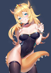 Rule 34 | 1girl, :q, absurdres, bad id, bad pixiv id, bare shoulders, between legs, black leotard, black thighhighs, blonde hair, blue background, blue eyes, blush, bowsette, bracelet, breasts, cleavage, collar, collarbone, commentary request, covered navel, crown, earrings, fang, fang out, highres, horns, jewelry, large breasts, leotard, long hair, looking at viewer, mario (series), mo xiaoxue, new super mario bros. u deluxe, nintendo, pointy ears, ponytail, simple background, smile, solo, spiked bracelet, spiked collar, spikes, standing, super crown, tail, tail between legs, thighhighs, tongue, tongue out, v-shaped eyebrows