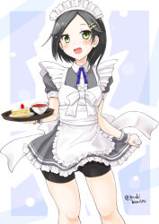 Rule 34 | 10s, 1girl, :d, alternate costume, apron, bad id, bad pixiv id, bike shorts, black hair, blush, cake, cake slice, cup, enmaided, fang, food, frilled apron, frilled skirt, frills, fruit, green eyes, grey shirt, hair ornament, hairclip, highres, holding, holding clothes, holding skirt, kantai collection, kuroshio (kancolle), looking at viewer, maid, maid apron, maid headdress, open mouth, pleated skirt, ribbon, shirt, short hair, skirt, smile, solo, strawberry, strawberry shortcake, tea, teacup, tray, twitter username, wrist cuffs, yuuki kazuhito