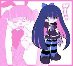 Rule 34 | 1girl, artsy-rc, black hair, black pantyhose, blue bow, blue eyes, blue pantyhose, blunt bangs, bow, closed mouth, hair bow, highres, leotard, long hair, looking at viewer, multicolored hair, nail polish, panty &amp; stocking with garterbelt, pantyhose, pink hair, playboy bunny, purple nails, smile, solo, stocking (psg), striped clothes, striped pantyhose, two-tone hair