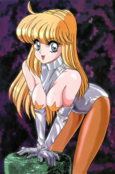 Rule 34 | 1980s (style), absurdres, bent over, blonde hair, breasts, cleavage, highres, leotard, mon-mon (miyazaki kenjin), official art, retro artstyle, pantyhose, retro artstyle, smile