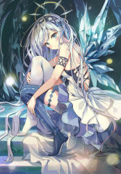 Rule 34 | 1girl, asymmetrical legwear, backless dress, backless outfit, bare shoulders, black thighhighs, blue eyes, crystal, dress, flower knot, from side, hair ribbon, halo, head tilt, highres, knee up, long hair, looking at viewer, looking to the side, mismatched legwear, munape, no shoes, original, ribbon, silver hair, sitting, sleeveless, sleeveless dress, solo, stairs, thighhighs, tiptoes, very long hair, white dress, white thighhighs, wings