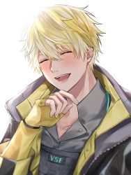 Rule 34 | 1boy, :d, ^ ^, backlighting, black jacket, blonde hair, blush, bulletproof vest, closed eyes, collarbone, collared shirt, commentary request, fingerless gloves, gloves, grey shirt, hair ornament, hand up, happy, highres, jacket, laughing, long sleeves, male focus, nijisanji, nijisanji en, open clothes, open jacket, open mouth, round teeth, shirt, short hair, sioxxx0711, smile, solo, sonny brisko, sonny brisko (1st costume), teeth, tongue, upper body, virtual youtuber, white background, yellow gloves, zipper