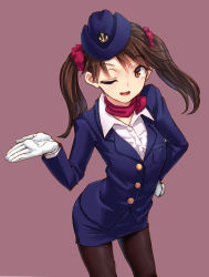 Rule 34 | 1girl, aya shachou, black pantyhose, brown eyes, brown hair, flight attendant, gloves, hand on own hip, hat, highres, looking at viewer, one eye closed, open mouth, original, pantyhose, pencil skirt, skirt, smile, solo, travel attendant, twintails, uniform, white gloves