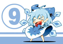 Rule 34 | &gt; &lt;, circled 9, 1girl, :d, blue hair, blush, bow, chibi, cirno, closed eyes, hair bow, heart, heart in mouth, open mouth, raado (punipara), smile, solo, touhou, xd
