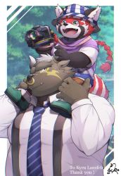 Rule 34 | 2boys, animal ears, asterius (housamo), bara, belly, black fur, blue necktie, brown fur, camera, carrying, collared shirt, commission, cow ears, cow horns, dark-skinned male, dark skin, english text, furry, furry male, hat, highres, holding, holding camera, horns, large pectorals, male focus, minotaur, multicolored eyes, multicolored fur, multiple boys, muscular, muscular male, necktie, nose piercing, official alternate costume, open mouth, outside border, pectorals, piercing, ponzu tas, rainbow eyes, red fur, red panda boy, red panda ears, red panda tail, shirt, short hair, shoulder carry, skeb commission, smile, striped necktie, thick eyebrows, tokyo houkago summoners, upper body, white fur, white shirt, zhurong (housamo)