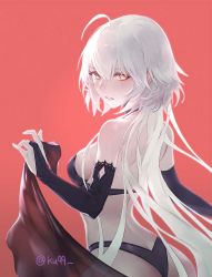 Rule 34 | 1girl, ahoge, ass, back, bare back, bare shoulders, bikini, black bikini, black choker, breasts, bridal gauntlets, choker, fate/grand order, fate (series), from behind, holding, jeanne d&#039;arc (fate), jeanne d&#039;arc alter (avenger) (fate), jeanne d&#039;arc alter (fate), ku99 (kugugu), long hair, looking at viewer, looking back, md5 mismatch, medium breasts, orange eyes, pale skin, parted lips, red background, resolution mismatch, sideboob, silver hair, simple background, smile, solo, source larger, swimsuit, twitter username, very long hair