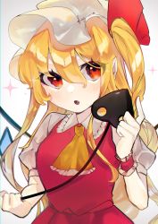Rule 34 | 1girl, ascot, blonde hair, blush, fang, flandre scarlet, gradient background, grey background, hair between eyes, hat, highres, holding, kappa mame, laevatein, looking at viewer, medium hair, mob cap, open mouth, puffy short sleeves, puffy sleeves, red eyes, red vest, short sleeves, side ponytail, solo, touhou, upper body, vest, wings