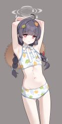 Rule 34 | 1girl, absurdres, arms up, bikini, black hair, blue archive, blunt bangs, braid, bright pupils, brown background, choker, coke0502, commentary, cowboy shot, flat chest, frilled ribbon, frills, grey halo, halo, hat, hat on back, hat on back, highres, leaf, leaf on head, leaf print, long hair, looking at viewer, miyu (blue archive), miyu (swimsuit) (blue archive), official alternate costume, print bikini, red eyes, ribbon, ribbon choker, simple background, solo, standing, straw hat, swimsuit, twin braids, twintails, white bikini, white pupils