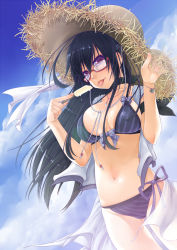Rule 34 | 1girl, 45 (diagonal45angle), :p, arm ribbon, bad id, bad pixiv id, beads, bikini, bikini under clothes, black hair, blue bikini, blush, bow, bow bikini, bracelet, breasts, breasts apart, choker, cleavage, cloud, cowboy shot, day, drawstring, dripping, dutch angle, fingernails, floating hair, food, glasses, hair between eyes, hand on headwear, hat, hat ribbon, highres, holding, jewelry, large breasts, lens flare, licking, long fingernails, long hair, looking at viewer, mole, mole on breast, mole under mouth, navel, necklace, open clothes, original, outdoors, parted bangs, pendant, popsicle, purple eyes, red-framed eyewear, ribbon, ribbon choker, sarong, see-through, side-tie bikini bottom, skindentation, sky, solo, standing, straw hat, striped bikini, striped clothes, swimsuit, swimsuit under clothes, tongue, tongue out, wind
