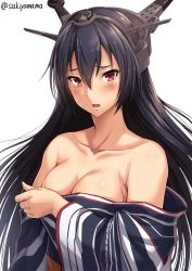 Rule 34 | 10s, 1girl, alternate costume, bare shoulders, black hair, breasts, cleavage, collarbone, commentary request, covering breasts, covering privates, eyebrows, hair between eyes, headgear, japanese clothes, kantai collection, kimono, large breasts, long hair, looking at viewer, nagato (kancolle), obi, open mouth, red eyes, sakiyamama, sash, solo, striped clothes, striped kimono, twitter username, wide sleeves, yukata