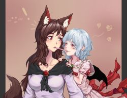 Rule 34 | !, 2girls, animal ear fluff, animal ears, artist request, bat wings, border, breasts, brooch, brown hair, food, food in mouth, grey border, hand on another&#039;s shoulder, heart, height difference, imaizumi kagerou, jewelry, long hair, looking at another, multiple girls, outside border, pocky, pocky kiss, red eyes, shared food, sharing food, short hair, spoken heart, tail, touhou, white hair, wings, wolf ears, wolf tail
