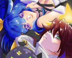 Rule 34 | 2girls, ankh, bare shoulders, belt, blue hair, spiked halo, dizzy (guilty gear), green eyes, grey mask, guilty gear, guilty gear strive, guilty gear xrd, hair ribbon, hair rings, halo, highres, jack-o&#039; valentine, long hair, looking at viewer, mother and daughter, multiple girls, pumpkin mask, purple eyes, red hair, ribbon, smile, too many, too many belts, twintails, yellow ribbon, zorb11s