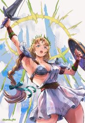 Rule 34 | 1girl, absurdres, arm up, armor, armored dress, armpits, artist name, blonde hair, braid, breasts, collarbone, commentary request, curtained hair, highres, holding, holding shield, holding sword, holding weapon, large breasts, long hair, low-tied long hair, mitsu plus, open mouth, shield, single braid, solo, sophitia alexandra, soul calibur, soulcalibur, soulcalibur iii, standing, sword, tiara, twitter username, weapon, white background
