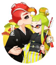 Rule 34 | 1boy, 1girl, alternate hairstyle, arrow (projectile), black kimono, closed eyes, closed mouth, commentary, couple, ema, emblem, fur scarf, furisode, gradient hair, green hair, hair bun, hair ornament, hair up, hairpin, hamaya, happy new year, hetero, highres, holding, holding arrow, inkling, inkling girl, inkling player character, japanese clothes, judd (splatoon), kimono, kiss, kissing forehead, long hair, long sleeves, looking at another, makeup, mascara, mask, mohawk, multicolored hair, new year, nintendo, obi, octoling, octoling boy, octoling player character, pointy ears, red eyes, red hair, sash, short hair with long locks, single hair bun, smile, splatoon (series), squid, standing, striped clothes, striped kimono, suction cups, tentacle hair, translated, vertical-striped clothes, vertical-striped kimono, wide sleeves, yellow kimono, yeneny