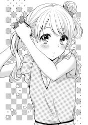 Rule 34 | 1girl, absurdres, arms up, bare arms, blush, bow, checkered background, closed mouth, date kana, double bun, dress, greyscale, hair bow, hair bun, highres, ice cream kanojo, kuune rin, monochrome, plaid, plaid dress, shirt, sleeveless, sleeveless dress, solo, twintails, tying hair, upper body