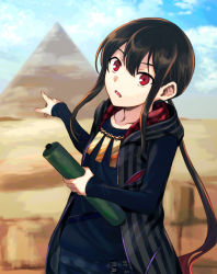 Rule 34 | 1boy, black hair, black pants, black shirt, collarbone, day, desert, fate/grand order, fate (series), hair between eyes, highres, holding, hood, hood down, hooded jacket, jacket, long hair, long sleeves, looking at viewer, low ponytail, male focus, oda nobukatsu (fate), open clothes, open jacket, outdoors, pants, parted lips, pointing, ponytail, pyramid (structure), red eyes, sand, shirt, sidelocks, sleeves past wrists, solo, striped clothes, striped jacket, tachitsu teto, vertical-striped clothes, vertical-striped jacket, very long hair
