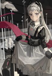Rule 34 | 1girl, apron, arknights, bird, black dress, black gloves, case, closed mouth, dress, earrings, expressionless, feet out of frame, gloves, grey background, grey eyes, grey hair, head wings, highres, irene (arknights), jewelry, juliet sleeves, kofi-mo, long dress, long hair, long sleeves, looking at viewer, puffy sleeves, sailing ship, scar, scar across eye, skirt hold, solo, very long hair, white apron, wings