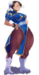 Rule 34 | boots, bracelet, brown hair, capcom, centvie, chinese clothes, chun-li, closed eyes, earrings, highres, jewelry, muscular legs, pantyhose, spiked bracelet, spikes, street fighter, stretching, thick thighs, thighs