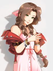 Rule 34 | 1girl, aerith gainsborough, bracelet, braid, braided ponytail, breasts, brown hair, buttons, choker, cleavage, dress, final fantasy, final fantasy vii, final fantasy vii remake, green eyes, grey background, hair ribbon, highres, jacket, jacket partially removed, jewelry, looking at viewer, medium breasts, multiple bracelets, outside border, own hands together, parted bangs, pink dress, red jacket, ribbon, sidelocks, smile, softp3ach, solo, spaghetti strap, square enix, upper body, wavy hair