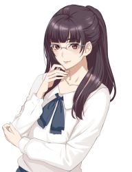 Rule 34 | 1girl, black hair, damegane, glasses, jpeg artifacts, long hair, looking at viewer, original, red eyes, simple background, smile, solo, upper body, white background