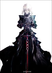 Rule 34 | armor, armored dress, artoria pendragon (fate), black border, black dress, border, closed mouth, commentary request, dress, excalibur morgan (fate), facial mark, fate/stay night, fate (series), gauntlets, hands on hilt, holding, holding sword, holding weapon, k-suwabe, long dress, looking at viewer, pale skin, pauldrons, saber alter, short hair, shoulder armor, simple background, standing, sword, twitter username, weapon, white background, white hair, yellow eyes