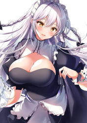 Rule 34 | 1girl, :d, absurdres, azur lane, blush, bow, braid, breasts, chain, cleavage, cuffs, dress, hair between eyes, hat, heart, heart-shaped pupils, hermione (azur lane), highres, large breasts, long hair, looking at viewer, maid headdress, nenobi (nenorium), open mouth, shackles, short sleeves, silver hair, smile, solo, symbol-shaped pupils, twin braids, very long hair