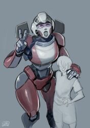 Rule 34 | 1boy, 1girl, arcee, armor, breasts, closed eyes, grey background, hand on another&#039;s shoulder, helmet, highres, humanoid robot, medium breasts, open mouth, robot, size difference, tall female, thighs, transformers, transformers: rise of the beasts, transformers (live action), v, zestysauce