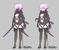 Rule 34 | 1girl, absurdres, black footwear, black jacket, black thighhighs, blush, boots, breasts, brown gloves, cleavage, closed mouth, enkyo yuuichirou, gas mask, gloves, grey background, hair over one eye, highres, holding, holding sword, holding weapon, hood, hood down, hooded jacket, jacket, looking at viewer, mask, medium breasts, multicolored hair, multiple views, navel, open clothes, open jacket, original, purple eyes, purple hair, sheath, sheathed, silver hair, simple background, smile, standing, sword, thigh boots, thighhighs, two-tone hair, unsheathed, weapon
