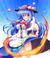 Rule 34 | 1girl, alternate breast size, blue hair, bow, breasts, female focus, food, fruit, hat, hinanawi tenshi, large breasts, long hair, open mouth, osashin (osada), outstretched arm, peach, pointing, pointing at viewer, red eyes, shirt, skirt, smile, solo, sword of hisou, touhou, upskirt, very long hair