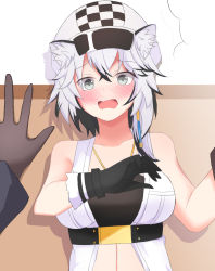 Rule 34 | 1girl, ^^^, animal ear fluff, animal ears, arknights, bandeau, bare shoulders, black gloves, black hair, blush, breasts, cabbie hat, checkered clothes, checkered headwear, cliffheart (arknights), collarbone, commentary request, crossed bangs, doctor (arknights), drop shadow, gloves, grey eyes, hair between eyes, hat, jewelry, kabedon, leopard ears, looking at viewer, medium breasts, midriff, multicolored hair, necklace, nose blush, open mouth, remingu, short hair, sidelocks, silver hair, sleeveless duster, solo focus, standing, two-tone hair, underbust, upper body, wall