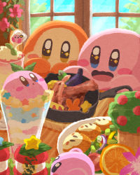 Rule 34 | blush, day, desert, dessert, drink, excited, flower, food, highres, ice cream, kirby, kirby (series), leaf, meat, miclot, nintendo, open mouth, sparkling eyes, sweets, table, tongue, waddle dee, window