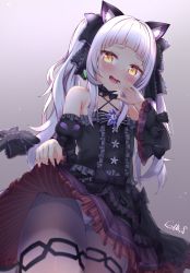 Rule 34 | 1girl, absurdres, animal ears, bare shoulders, black bow, black dress, black ribbon, blunt bangs, blush, bow, cat ears, clothes lift, crotch seam, dress, dress lift, fangs, gmkj, gothic lolita, halterneck, highres, hololive, lifted by self, lolita fashion, long hair, long sleeves, looking at viewer, murasaki shion, murasaki shion (gothic lolita), open mouth, panties, panties under pantyhose, pantyhose, ribbon, silver hair, smile, smug, solo, thighband pantyhose, twintails, underwear, virtual youtuber, yellow eyes