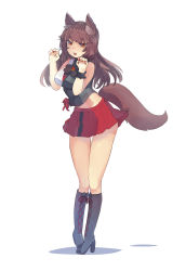 Rule 34 | 1girl, adapted costume, alternate costume, animal ears, bad anatomy, bad hands, bare shoulders, black footwear, boots, bow, breasts, brooch, brown hair, claw pose, cross-laced footwear, ehrrr, eyebrows, full body, hands up, high heel boots, high heels, highres, imaizumi kagerou, jewelry, knee boots, lace-up boots, long hair, looking at viewer, midriff, miniskirt, nail polish, open mouth, orange eyes, pigeon-toed, pleated skirt, poorly drawn, red eyes, red nails, red skirt, shirt, short eyebrows, simple background, sketch, skirt, smile, solo, standing, stomach, tail, thick eyebrows, thigh gap, thighs, tied shirt, touhou, white background, wolf ears, wolf tail, wrist cuffs