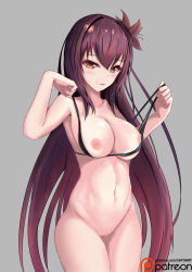 Rule 34 | 1girl, absurdres, areola slip, bikini, bikini pull, bikini top only, black bikini, bottomless, breasts, cleavage, clothes pull, collarbone, fate/grand order, fate (series), flower, hair intakes, heart, heart in eye, hibiscus, highres, large breasts, long hair, looking at viewer, naughty face, navel, nipples, patreon logo, purple hair, red eyes, sato art, scathach (fate), solo, swimsuit, symbol in eye, very long hair