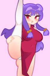 Rule 34 | 1girl, absurdres, chinese clothes, double bun, dress, hair bun, highres, knee up, noxtwice, purple hair, ranma 1/2, red eyes, shampoo (ranma 1/2), simple background, solo, standing, standing on one leg