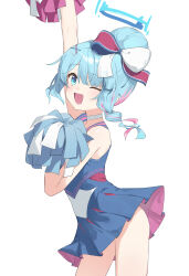 Rule 34 | 1girl, absurdres, arm up, arona (blue archive), ass, ayaha 4780828, blue archive, blue eyes, blue hair, blue halo, blush, cheering, cheerleader, choker, cowboy shot, hair ornament, halo, highres, holding, holding pom poms, official alternate costume, one eye closed, open mouth, pom pom (cheerleading), pom poms, short hair, simple background, smile, solo, white background, white choker, x hair ornament