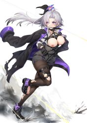Rule 34 | 1girl, absurdres, ahoge, apc9k (girls&#039; frontline), bdsm, black pantyhose, bondage, bound, breasts, breasts out, cleavage, commission, flower, full body, gag, girls&#039; frontline, grey hair, hair flower, hair ornament, harness, highres, jacket, jacket on shoulders, knife in mouth, large breasts, long hair, medium breasts, mouth hold, nipples, pantyhose, ray (pixiv9514208), restrained, running, second-party source, smoke, solo, thighband pantyhose, torn clothes, torn jacket, torn pantyhose