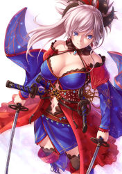 Rule 34 | 1girl, asymmetrical hair, autumn leaves, bare shoulders, black thighhighs, breasts, cleavage, closed mouth, dual wielding, earrings, fate/grand order, fate (series), frown, hair between eyes, halterneck, holding, holding sword, holding weapon, japanese clothes, jewelry, katana, large breasts, leaf print, light particles, lioreo, long hair, magatama, midriff, miyamoto musashi (fate), miyamoto musashi (third ascension) (fate), navel, pink hair, purple eyes, sheath, solo, sword, thighhighs, weapon, zettai ryouiki