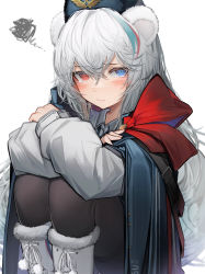 Rule 34 | 1girl, absurdres, animal ears, arknights, bad id, bad pixiv id, bear ears, black cape, black hat, black pantyhose, blue eyes, blush, boots, cape, closed mouth, coat, feet out of frame, fur-trimmed boots, fur hat, fur trim, grey hair, hat, heterochromia, highres, knee boots, long hair, long sleeves, looking at viewer, pantyhose, pom pom (clothes), red eyes, red ribbon, ribbon, rosa (arknights), self hug, sitting, solo, squiggle, tab head, thighband pantyhose, ushanka, v-shaped eyebrows, very long hair, white coat, white footwear