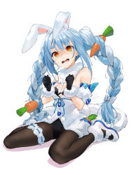 Rule 34 | 1girl, @ @, animal ear fluff, animal ears, arm garter, black gloves, black leotard, black pantyhose, blue hair, bow, braid, breasts, carrot hair ornament, commentary request, don-chan (usada pekora), dress, ears down, food-themed hair ornament, full body, fur-trimmed dress, fur-trimmed gloves, fur scarf, fur trim, furrowed brow, gloves, gotou (nekocat), hair ornament, hair ribbon, hololive, leotard, long hair, looking at viewer, multicolored hair, open mouth, pantyhose, pom pom (clothes), rabbit ears, rabbit girl, rabbit tail, ribbon, shaded face, shoes, signature, simple background, sitting, small breasts, solo, strapless, strapless dress, streaked hair, sweatdrop, tail, thick eyebrows, thigh strap, tress ribbon, twin braids, twintails, two-tone hair, usada pekora, usada pekora (1st costume), virtual youtuber, wariza, wavy mouth, white background, white bow, white dress, white footwear, white hair