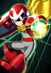 Rule 34 | 1boy, absurdres, aiming, aiming at viewer, boots, cape, closed mouth, gloves, helmet, highres, holding, holding shield, male focus, mega man (classic), mega man (series), mega man 3, proto man, red gloves, shield, silverchariotx, smile, solo, sunglasses, yellow cape