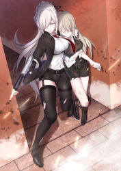 Rule 34 | 2girls, black footwear, black gloves, black legwear, blonde hair, boots, braid, breasts, cartonbox (zhixiang zhi), closed eyes, collared shirt, firing, floating hair, framed breasts, full body, gloves, gun, hair ornament, hairband, hancock (warship girls r), handgun, holding, holding gun, holding weapon, large breasts, lexington (cv-16) (warship girls r), long hair, long sleeves, multiple girls, necktie, projectile trail, red neckwear, shirt, shoes, single leg pantyhose, single thighhigh, skirt, thighhighs, torn clothes, tracer ammunition, projectile trail, under fire, very long hair, warship girls r, weapon, white gloves, white hair, white shirt, wind, yellow eyes
